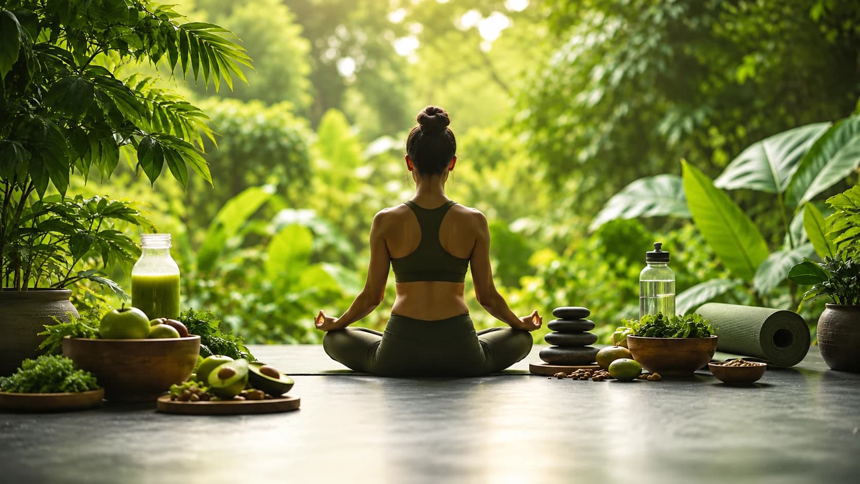 Our Aim - Woman meditating outdoors surrounded by nature and nutrition