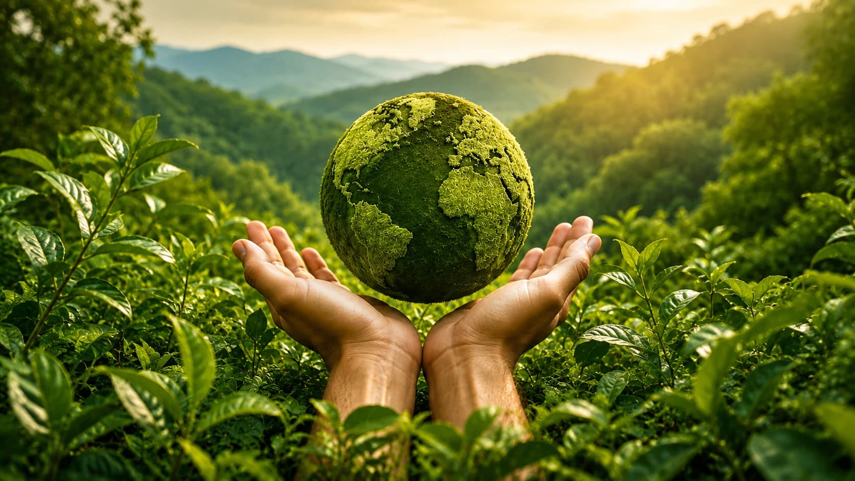 Our Vision - Two hands holding green mossy globe in lush valley